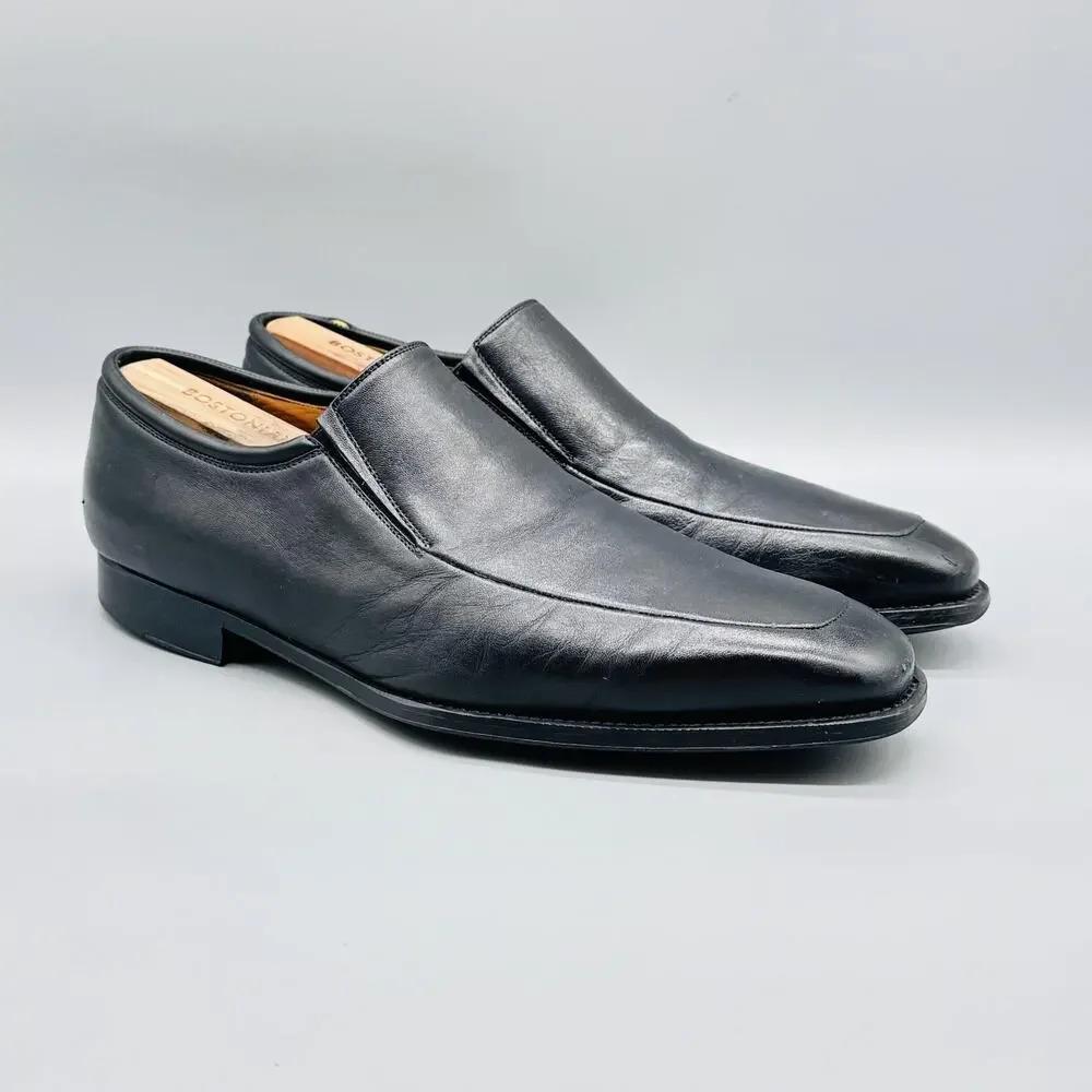Magnanni Shoes Mens 10.5 Black Leather Slip On Loafers Dress Apron Toe Classic